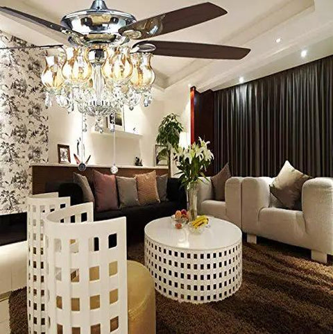 Upgrade Your Space With This Bougie Crystal Ceiling Fan Featuring Bright LED Lighting And Sleek Modern Design in a stylish living room.