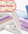Purple, white, and blue hole punchers for papers and crafts 40 sheets capacity, metal construction, shown with 'Hole Punch' sign.