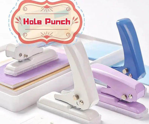 Purple, white, and blue hole punchers for papers and crafts 40 sheets capacity, metal construction, shown with 'Hole Punch' sign.
