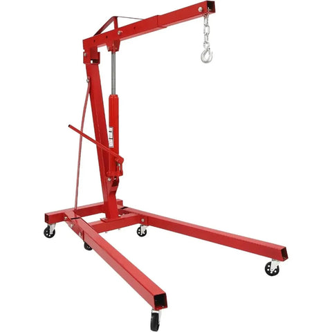 Heavy Duty Garage Workhorse: 2 Ton Hydraulic Engine Hoist with adjustable arm, six caster wheels and foldable frame.