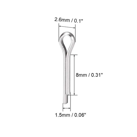 60 Pack Split Cotter Pins 1.5mm By 8mm Stainless Steel 304 With Two Prongs For Securing Clevis Pins And Castle Nuts product close-up with dimensions