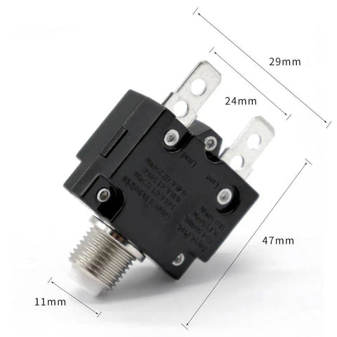 Headache Free Push Button Resettable Circuit Breaker With Slick Quick Connect Terminals For Auto And Marine Builds, compact size with quick connect terminals.