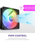 F120 RGB Core 120mm Hub Mounted RGB Fan with 8 Dope Addressable LEDs showing airflow and PWM speed control.