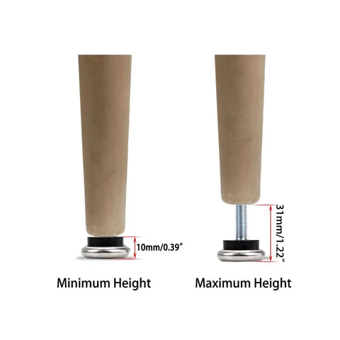 Adjustable Table Leg Levelers With Felt Pads M6 at minimum and maximum height, T Nut leveling feet, floor protectors comparison