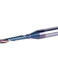 SpeTool carbide O-flute spiral router bit, side view, 1/8 in cutting diameter, 1/4 in shank, acrylic/nonferrous coated