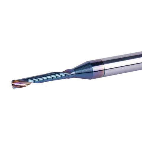 SpeTool carbide O-flute spiral router bit, side view, 1/8 in cutting diameter, 1/4 in shank, acrylic/nonferrous coated