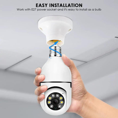 Close-up of Wireless Light Bulb Security Camera With E27 Socket 1080P HD PTZ CCTV Auto Motion Tracking Two Way Audio Night Vision.