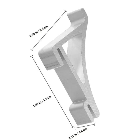 10 Pack Aluminum Freezer Shelf Clips, Sturdy Refrigerator Shelf Hooks with dimensions shown, smooth polished edges