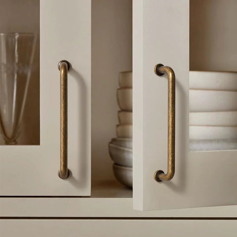 Six Pack Antique Brass Kitchen Cabinet Pulls 5 Inch Center Hole Solid Zinc Alloy Vintage Bronze Dresser Drawer Handles installed on cupboard