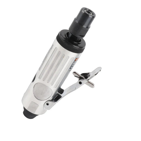 Heavy Duty 1/4 Inch Pneumatic Die Grinder Angle Polisher Beast for Aggressive Grinding Rust Removal and Smooth Polishing Tasks in Cramped Areas with Low Noise Operation and Pro Grade Durability for Shop Jobs Silver Finish, side view.