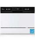 Front view of Top Shelf Countertop Dishwasher With Eight Smart Cycles And Six Place Settings handles busy nights, Energy Star Certified, crisp white.