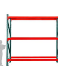 Heavy Duty 3 Tier Pallet Rack Starter Unit Rock Solid Steel Shelving Built Tough For Warehouse Storage 48 By 120 By 144 Inches, featuring red shelves and green metal frame.