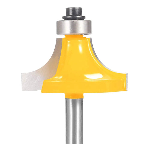 Close-up of one bit from Roundover Router Bit Set With Bearing Guide 1/4 Inch Shank Four Piece Kit For Edge Rounding, yellow and silver detail