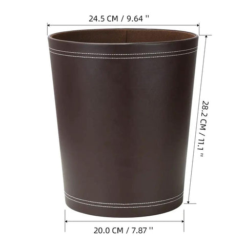 Classic Pu Leather Round Trash Can In Brown, 10L capacity, durable PU exterior with non-woven liner, white stitching detail.