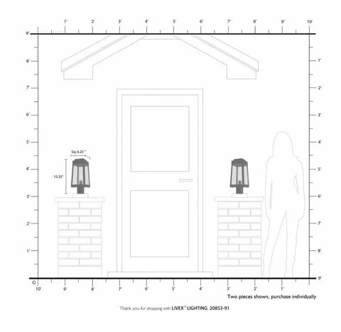 Diagram of Oslo One Light Outdoor Post Top Lantern in Black Finish with Clear Glass on porch pillars next to a door.