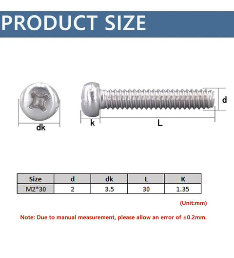 Top Shelf 304 Stainless Steel M2 X 30mm Phillips Round Pan Head Machine Screws 50 Pack size diagram with specifications
