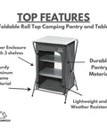 Foldable Roll Top Camping Pantry And Table With Sturdy Aluminum Frame Durable 600 Denier Oxford Fabric Weather Resistant Lightweight 12 Lbs 8 Oz Portable Outdoor Kitchen Organizer For Campsites On The Go showing shelves and aluminum frame.