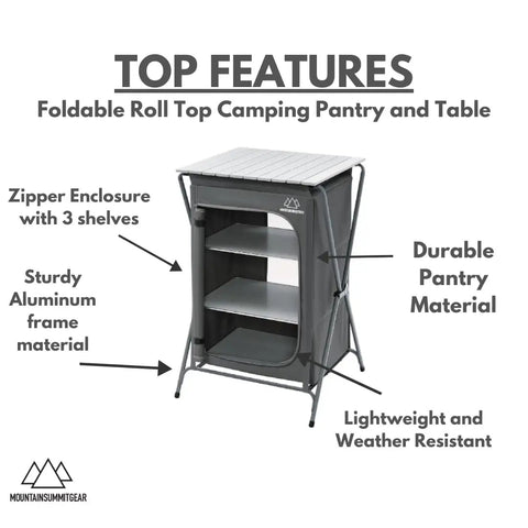 Foldable Roll Top Camping Pantry And Table With Sturdy Aluminum Frame Durable 600 Denier Oxford Fabric Weather Resistant Lightweight 12 Lbs 8 Oz Portable Outdoor Kitchen Organizer For Campsites On The Go showing shelves and aluminum frame.