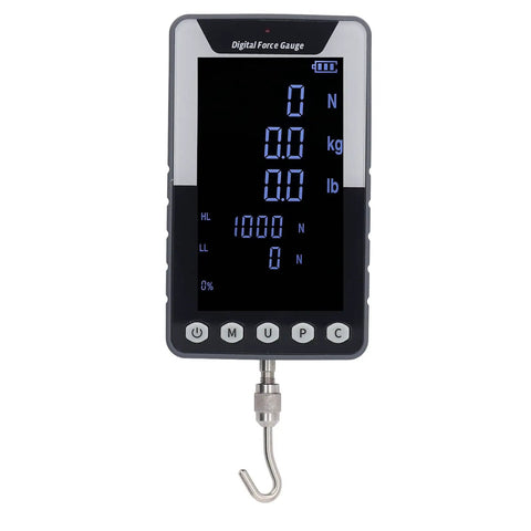 Push Pull Thrust Dynamometer Gauge With Bright Color Digital Display For Real Time Force Readout 10N 1kg 2.2lb Capacity Tension And Pressure Tester Three Measurement Modes Reversible Screen US Plug For Lab Or Workshop, front view