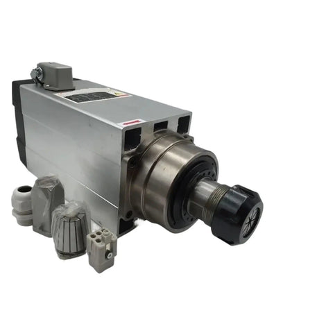 No Nonsense Heavy Duty 6Hp Square Spindle Motor With Fast Air Cooling And Tough Bearing Setup Paired With A 5 5Kw Vfd Inverter And Er32 Chuck Kit showing spindle motor and accessories.