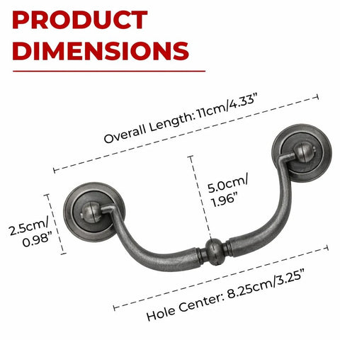 Dimensions of Vintage Style Bail Drop Cabinet Pulls 3.25 Inch Center Spacing 82mm Antique Dark Brass Bronze Hardware
