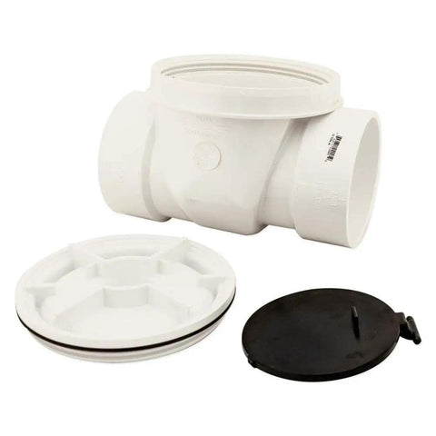 Backwater Valve With Four Inch PVC White For Sewage And Storm Drain Protection, showing sockets and detachable components