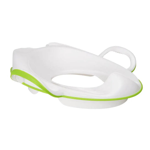 No Fuss Toddler Potty Training Seat With Rock Solid Non Slip Base Secure Handgrips And Quick Wipe Plastic Body For Smooth Potty Learning Journey In Bright Green side view with grip handles.