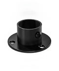 Close-up of 1 inch black stainless steel pipe flange mount for industrial furniture DIY, heavy duty anchor for pipe ends.