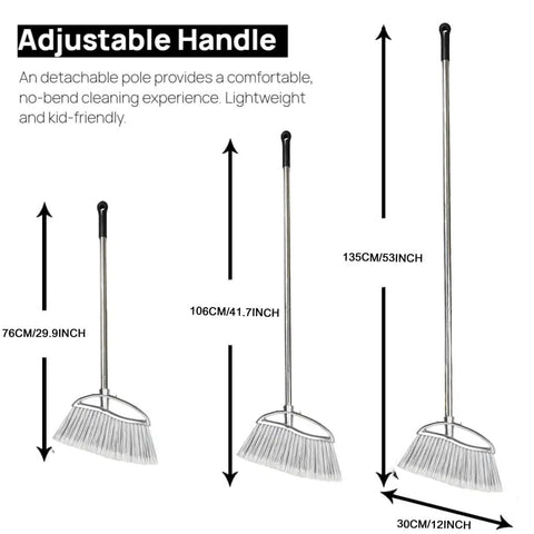 Heavy Duty Angle Broom Featuring Rigid Bristles And An Extended Handle That Smashes Through Stubborn Dirt And Leaves On Patios Garages And Commercial Floors Like Butter, showing adjustable length options.