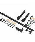 Components of Ceiling Mount Sliding Barn Door Hardware Kit for Closet, including 12 Foot Track and nylon rollers.