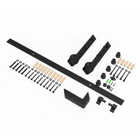 Components of Ceiling Mount Sliding Barn Door Hardware Kit for Closet, including 12 Foot Track and nylon rollers.