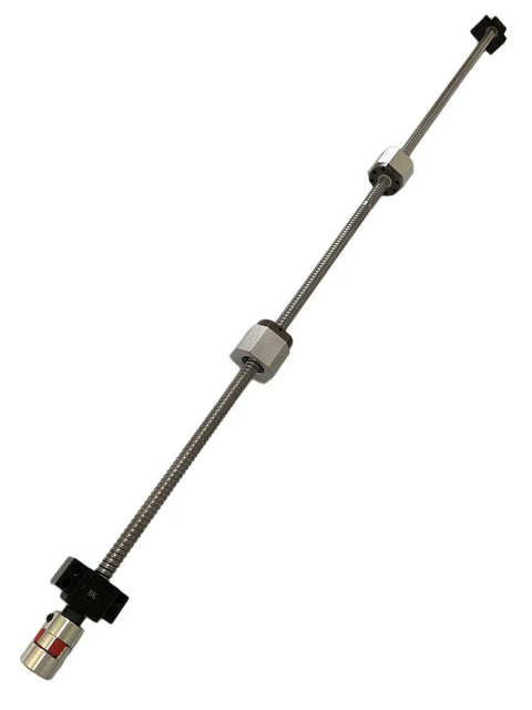 Badass Heavy Duty Thirty Two Millimeter Bidirectional Ball Screw Kit With Five Millimeter Lead Left And Right Threads Plug And Play Ready Includes Dual Nuts Flex Coupling And Bearing Blocks For CNC, showing the ball screw with flex coupling.