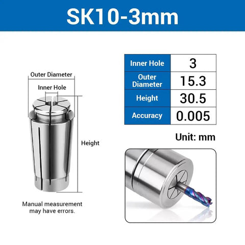SK10-3mm Spring Collet Chuck for CNC Engraving and Milling Tools, 3mm Inner Diameter, 15.3mm Outer, 30.5mm Height, 0.005mm Accuracy