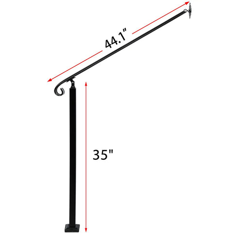 Heavy Duty Adjustable Stair Handrail Rock Solid Wall And Floor Mounted Wrought Iron Safety Rail Built Tough For One To Three Steps No Sweat Installation In Matte Black Steel dimensions, 44.1 inches long and 35 inches high.