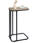 C Shaped End Table For Sofa And Bed, Slim 27 Inch High Side Table, Metal Frame in Greige and Black with vase and cup on top