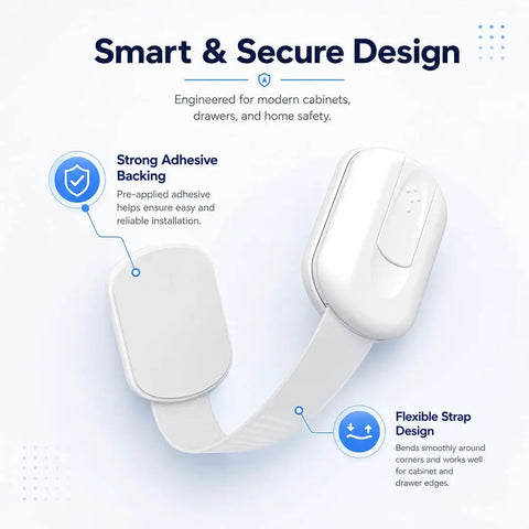 Baby Proofing And Kid Proofing Essentials Outlet Covers Cabinet Locks Drawer Safety Latches Door Stoppers And Strap Locks White 6 Pack showing flexible strap and adhesive backing