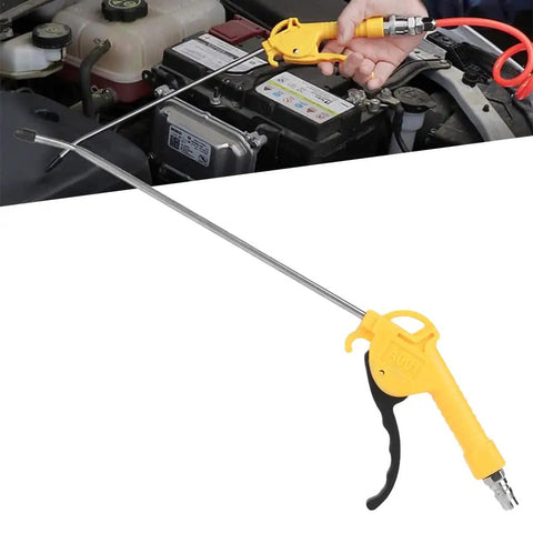 High Volume Air Blow Gun With Slim Aluminum Alloy 10 Inch Nozzle used for cleaning car engine, features scratch-free rubber cap and easy grip.