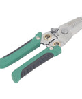 No Sweat Heavy Duty Spring Loaded Wire Stripper Multifunctional Terminal Crimping Tool with stainless steel, green rubber grip.