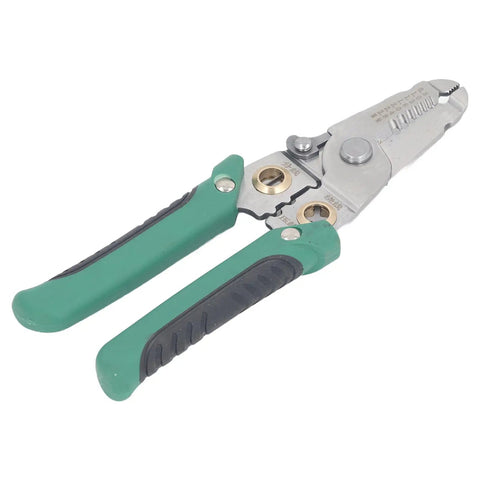 No Sweat Heavy Duty Spring Loaded Wire Stripper Multifunctional Terminal Crimping Tool with stainless steel, green rubber grip.