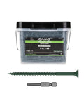 Heavy Duty Three Inch Deck Screws, Number Nine Green Bugle Head With T25 Star Drive For A No Fuss Install, Rock Solid Grip On Rugged Outdoor Wood Builds, 1750 Ct Pack in a container with a T25 driver.