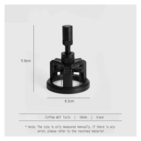 Adjustable Rotatable Espresso Coffee Grounds Leveler And Tamper Tool For Even Extraction With Rapid Stirring Design Gonna Help You Nail That Morning Cup While Keeping Shots Solid And Sweet In Sleek Matte Black 58 Mm viewed from the front with dimensions.