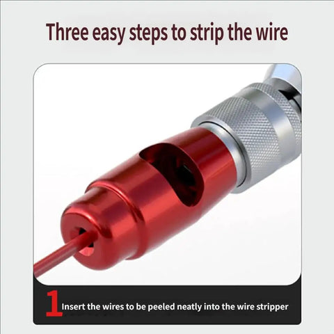 Heavy Duty Electric Wire Stripper For Drill, 6-14 AWG Cable Stripping Tool showing wire insertion step with red attachment.