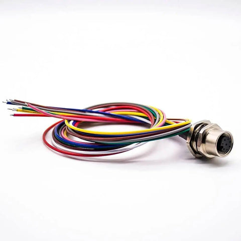 Waterproof M12 8 Pin Sensor Receptacle Connector A Coded Aviation Socket with colorful wiring displayed on white background.
