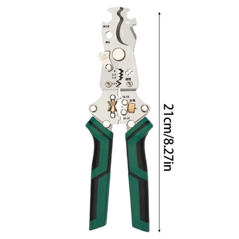 Sweet Heavy Duty Portable Folding Wire Stripper For Contractors And Diy Crews Featuring Rugged Go Anywhere Build With Quick Grip Handles For Stripping Plastic And Metal Cables No Sweat, measuring 21cm with green grips.