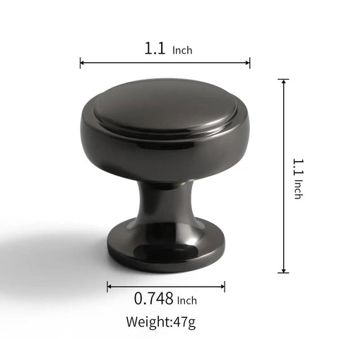 Six Pack Dope Polished Black 1.1 Inch Round Cabinet Knobs Solid Zinc Alloy Drawer Pulls In Dark Grey Gunmetal Finish side view