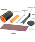 Game Changing Two By Three Inch Sanding Drum Kit For Drill Press And Hand Tools Cut To Size Sheet Abrasive For Fast Track Woodworking And Knockout Contour Sanding Results components including sanding drum, sandpaper, and tools.