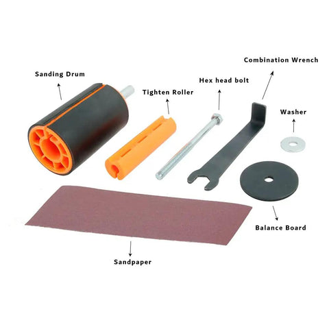 Game Changing Two By Three Inch Sanding Drum Kit For Drill Press And Hand Tools Cut To Size Sheet Abrasive For Fast Track Woodworking And Knockout Contour Sanding Results components including sanding drum, sandpaper, and tools.