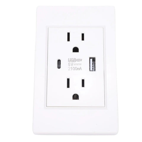 Slick Dual USB Wall Outlet With Type C Port, Heavy Duty Flame Retardant PC Faceplate Electrical Receptacle For Home Living Room And Bedroom, Compact Modern Charging Socket With US Plug, Built Tough For Safe Everyday Power, top view showing USB ports.