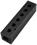 Black aluminum air manifold block, 6 ports, 1/2 inch NPT to 1/4 inch outputs, heavy duty for workshop uses