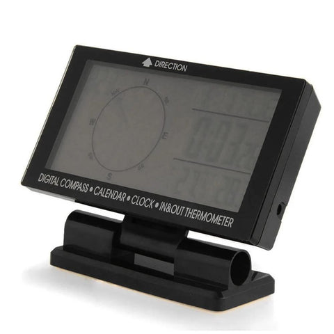 Digital car thermometer in black with large 3.9-inch LCD; front view shows compass and clock display
